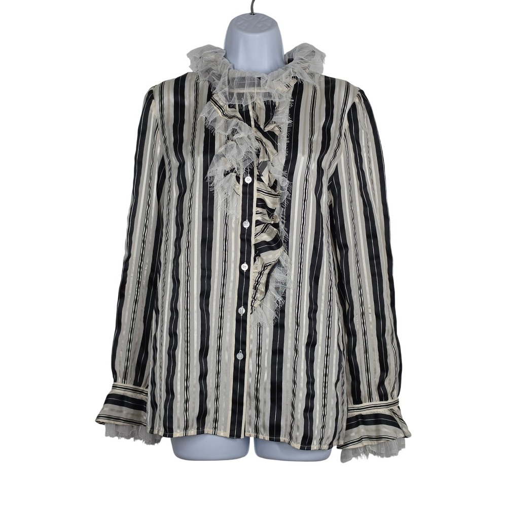 Tory Burch Black Ivory Striped Lace Tulle Top Silk Blend Button Up Cottagecore 8